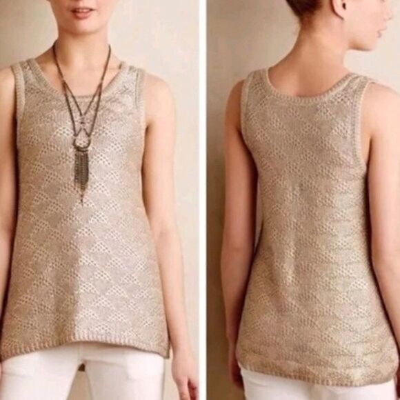 Anthropologie Moth Sana Foiled Metallic Gold Knit Tank Top - Picture 2 of 12